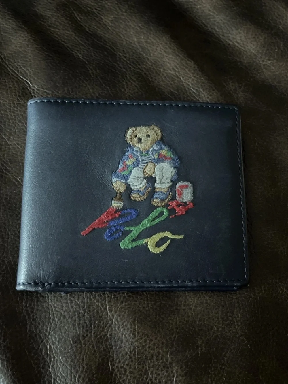 Polo Ralph Lauren Blue Leather Painter Bear Bi Fold Wallet